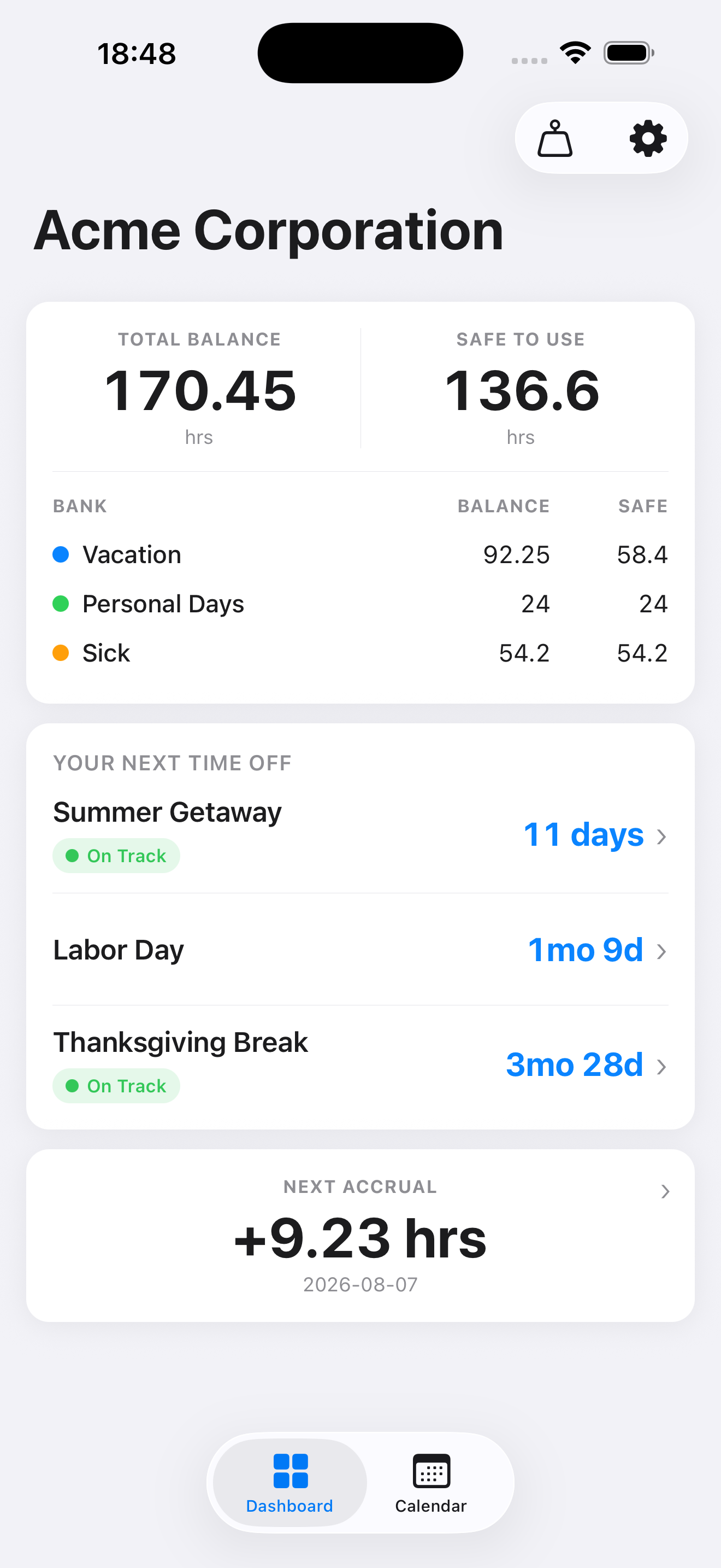 PTO Minder dashboard screen for Acme Corporation showing a Total Balance of 170.45 hours and Safe to Use of 136.6 hours, a breakdown by Vacation, Personal Days, and Sick banks, upcoming time off including a Summer Getaway marked On Track, and the next accrual of 9.23 hours