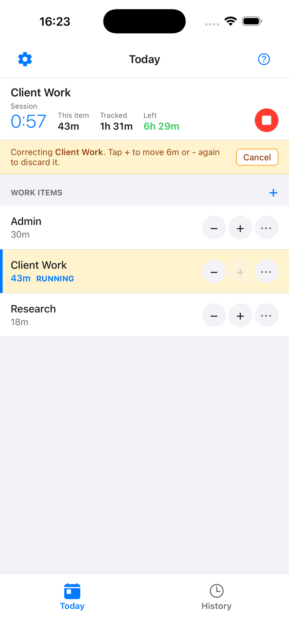 TimeMender Today screen showing a running timer, work item list, and reassignment banner